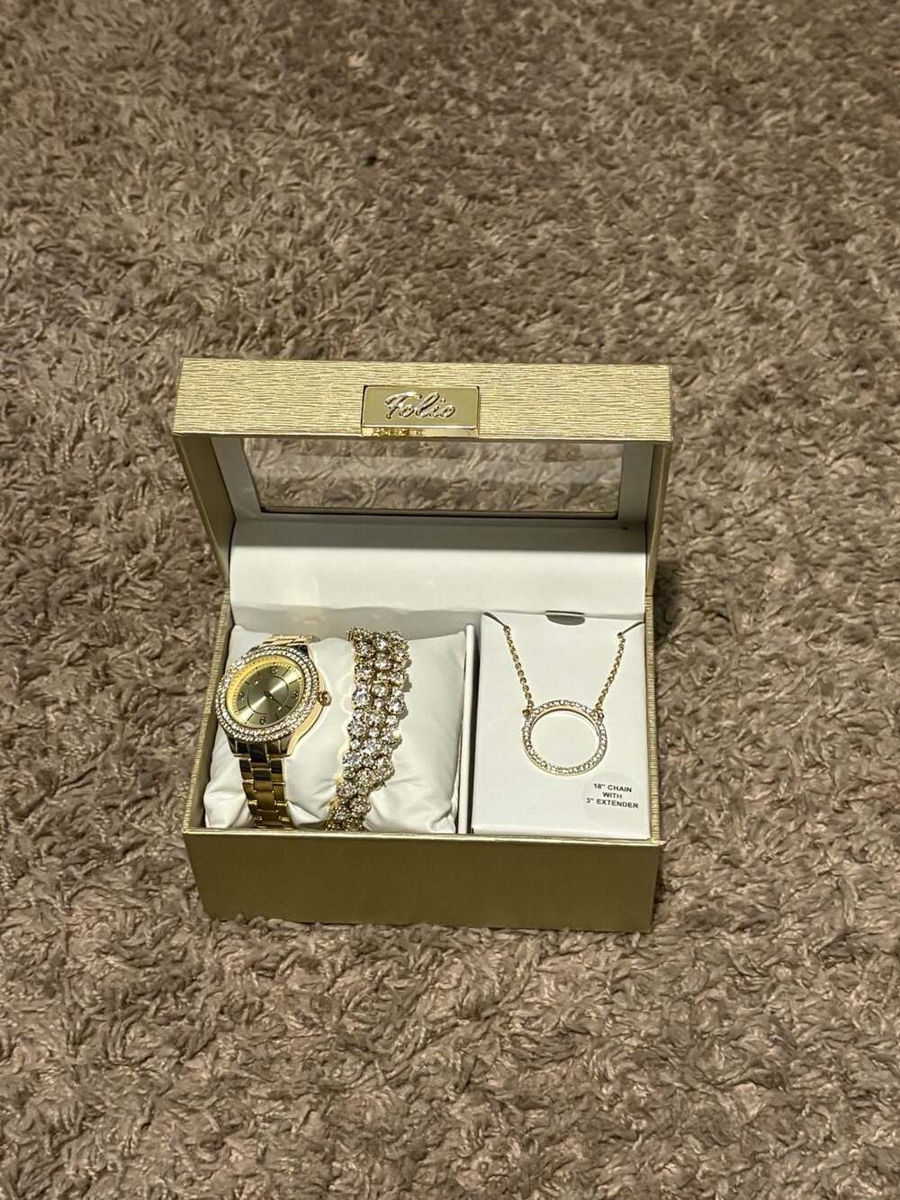 Folio Women's Gold Tone Watch, Bracelet & Necklace Set,